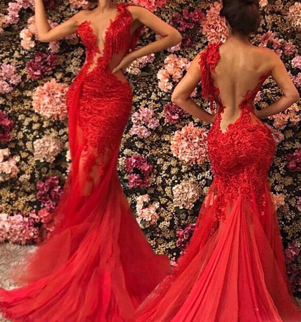 See Through Lace Red Prom Dresses One ...